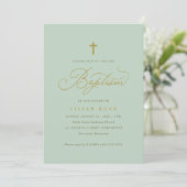 Elegante Doop Sage Script Kruis Kaart (Staand voorkant)