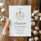 Elegante doop uitnodiging met gouden kruis en olie