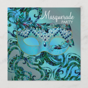 Elegante Draaikolken Turquoise Maskerade Feest Kaart