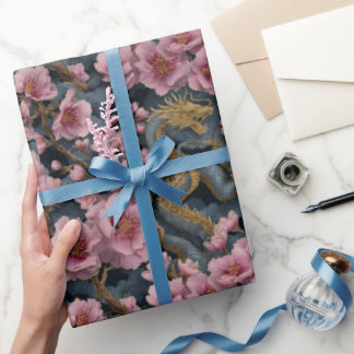 Elegante Draak en Roze Kersenbloesem Fantasie Cadeaupapier