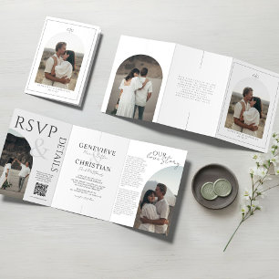 Elegante drievoudige trouwuitnodiging met foto's drieluik programma