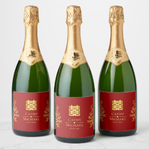 Elegante dubbele geluks Chinese huwelijksbloemstuk Sparkling Wijnetiket