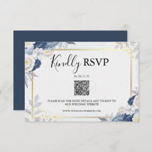 Elegante Dusty Blauw en Goud Bloemen RSVP QR Code