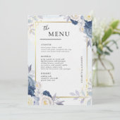 Elegante Dusty Blauw en Goud Bloemen Trouwtafel Menu (Staand voorkant)