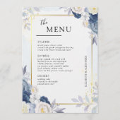 Elegante Dusty Blauw en Goud Bloemen Trouwtafel Menu (Voorkant)