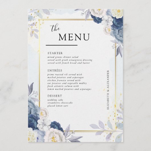 Elegante Dusty Blauw en Goud Bloemen Trouwtafel Menu (Voorkant)