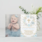 Elegante Dusty Blauw Goud Bloemen Doop Communie Kaart (Staand voorkant)