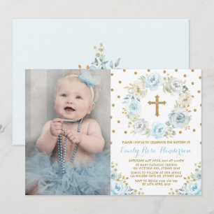 Elegante Dusty Blauw Goud Bloemen Doop Communie Kaart