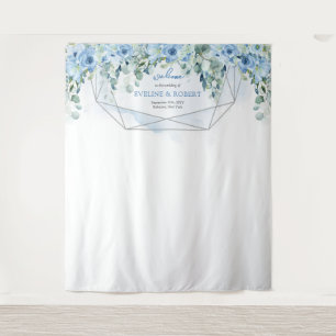 Elegante Dusty Blue bloemen en zilveren achtergron Wandkleed