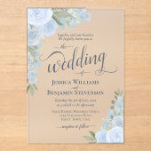 Elegante Dusty Blue Boho Chic Rozen Fancy bruiloft Acryl Uitnodigingen (Voorkant)