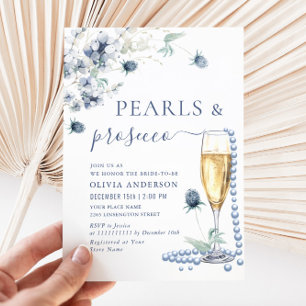 Elegante Dusty Blue Boho Winter PEARLS & Prosecco Kaart