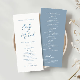 Elegante Dusty Blue Calligraphy Wedding Program Kaart
