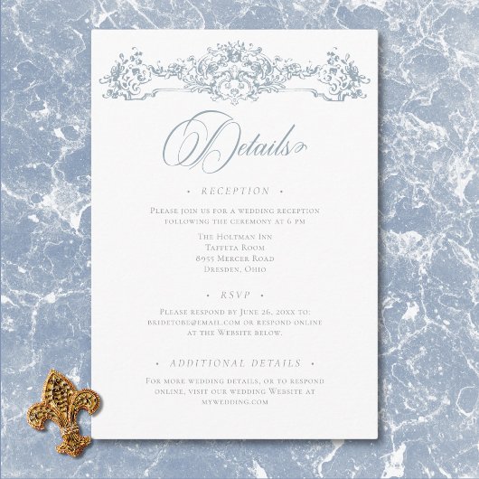 Elegante Dusty Blue Chinoiserie Cherub Wedding Informatiekaartje
