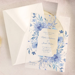 Elegante Dusty Blue Chinoiserie Floral Wedding Vellum Uitnodigingen