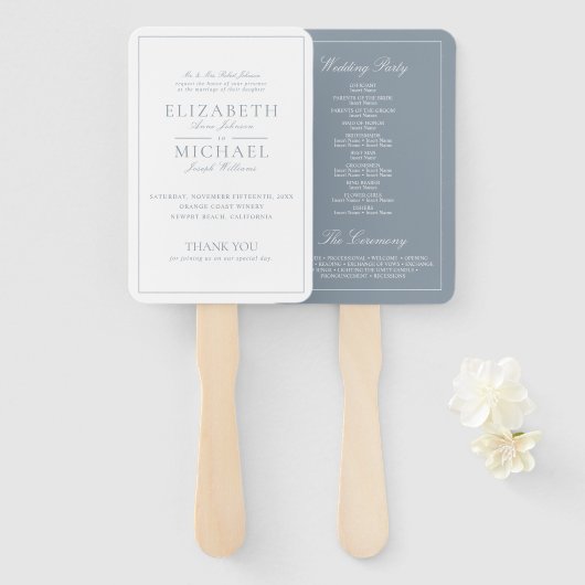 Elegante Dusty Blue Classic Script Wedding Program Handwaaier (Voorkant en achterkant)