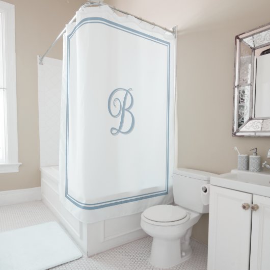 Elegante Dusty Blue Double Border Script Monogram Douchegordijn (In situ)