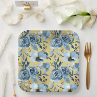 Elegante Dusty Blue Floral & Gold Square Party Papieren Bordje