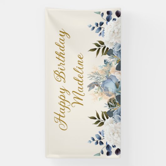 Elegante Dusty Blue Floral Happy Birthday Naam Spandoek (Verticaal)
