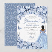 Elégante Dusty Blue Floral Quinceanera Invitation (Devant / Derrière)