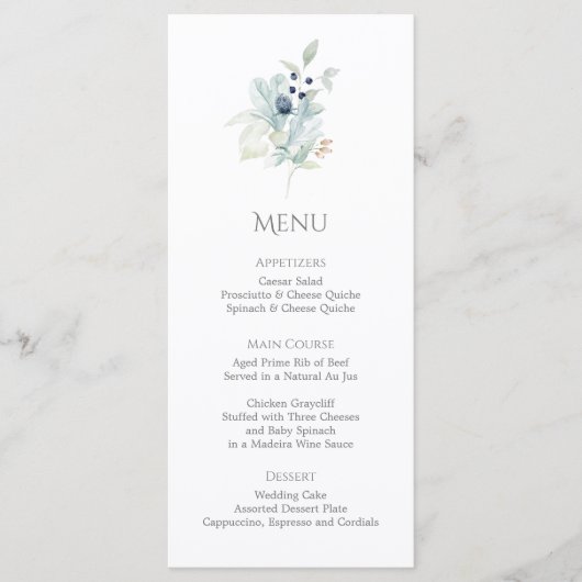 Elegante Dusty Blue Floral voor Spring Receptie Menu (Voorkant)