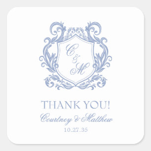 Elegante Dusty Blue Monogram Crest Bedankt Vierkante Sticker