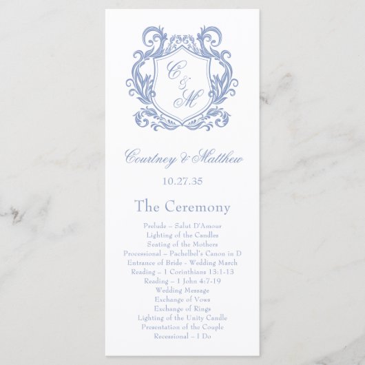 Elegante Dusty Blue Monogram Crest Wedding Programma (Voorkant)