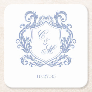 Elegante Dusty Blue Monogram Crest Wedding Vierkante Kartonnen Onderzetter