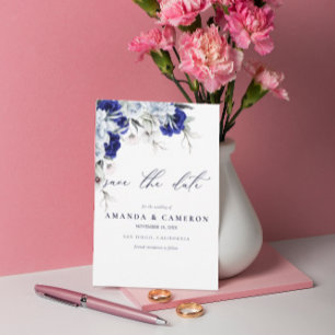 Elegante Dusty Blue Navy Floral QR Code Wedding Save The Date