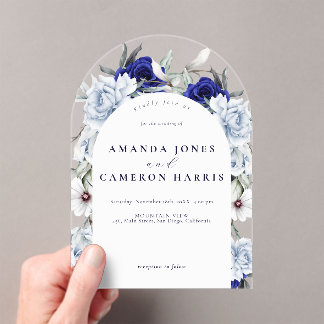 Elegante Dusty Blue Navy Floral Wedding Arch Acryl Uitnodigingen