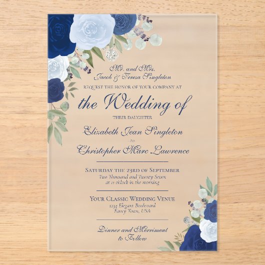 Elegante Dusty Blue & Navy Rozen Formele bruiloft Acryl Uitnodigingen