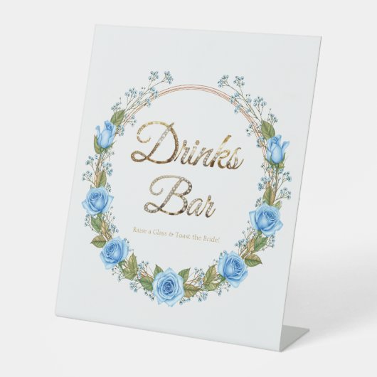 Elegante Dusty Blue Rozen Baby's Breathe Drinken B Reclamebord Met Voetstuk (Voorkant)