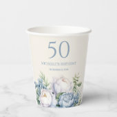 Elegante Dusty Blue White Floral 50ste Verjaardag  Papieren Bekers (Achterkant)