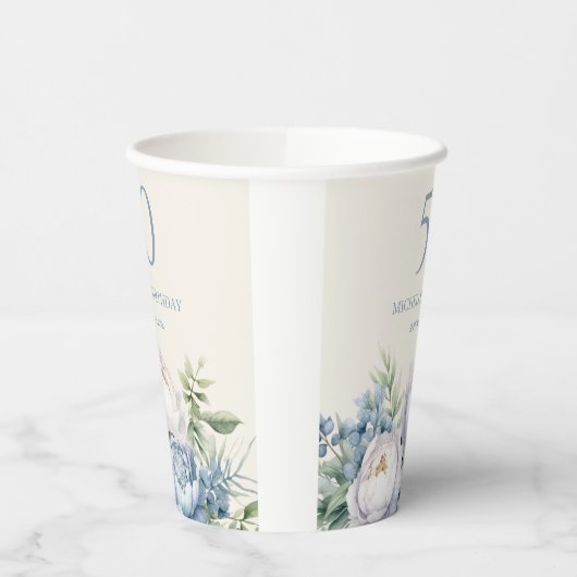 Elegante Dusty Blue White Floral 50ste Verjaardag Papieren Bekers (Links)