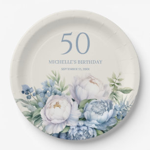 Elegante Dusty Blue White Floral 50ste Verjaardag Papieren Bordje