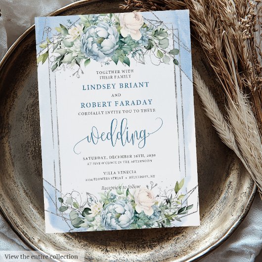 Elegante Dusty Blue White Silver Pioenenbruiloft Kaart