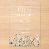 Elegante Dusty Blue Wildflowers Huwelijk Clear Acryl Uitnodigingen (Voorkant)
