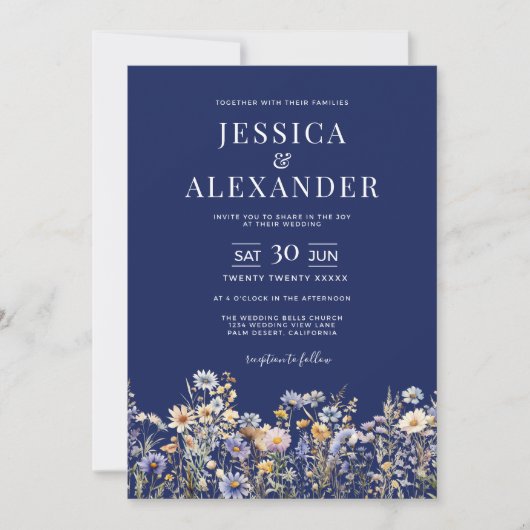 Elegante Dusty Blue Wildflowers Navy Wedding Kaart (Voorkant)