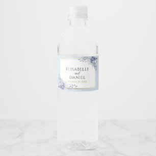 Elegante Dusty Poeder Blauw en Goud Bloemen Huweli Waterfles Etiket