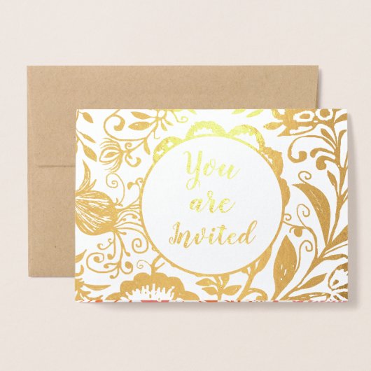 Elegante Echte Gouden Folie Bloemen Bruiloft Uitno Folie Kaarten (Voorkant met envelop)