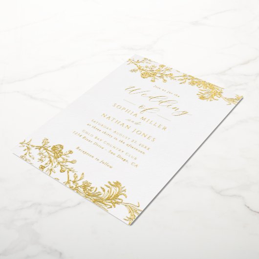 Elegante Echte Gouden Folie Bloemen Kant Script Tr Folie Uitnodiging (Gedraaid)