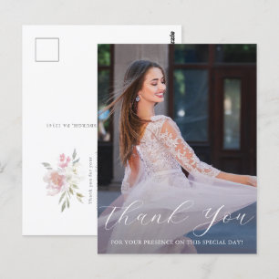 Elegante één foto Quinceanera roze bloemenschrift Briefkaart