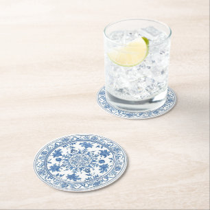 Elegante eenvoudige blauw-witte bloem chinoiserie ronde kartonnen onderzetter