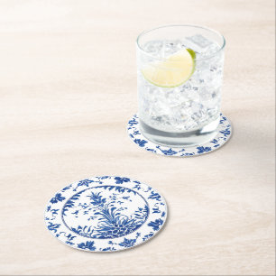 Elegante eenvoudige Blue White Flower chinoiserie Ronde Kartonnen Onderzetter