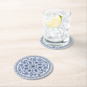 Elegante eenvoudige Blue White Flower chinoiserie Ronde Kartonnen Onderzetter