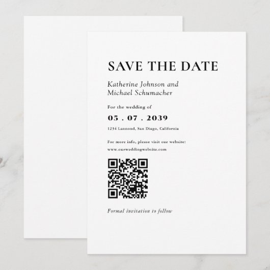 Elegante & eenvoudige details & QR Code Wedding Save The Date (Voorkant / Achterkant)