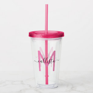 Elegante eenvoudige Girly Pink Black Monogram Acryl Drinkbeker