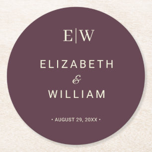 Elegante eenvoudige kersenlak, monogram bruiloft ronde kartonnen onderzetter