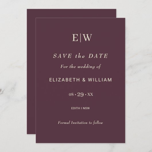 Elegante eenvoudige kersenlak, monogram bruiloft save the date (Voorkant / Achterkant)