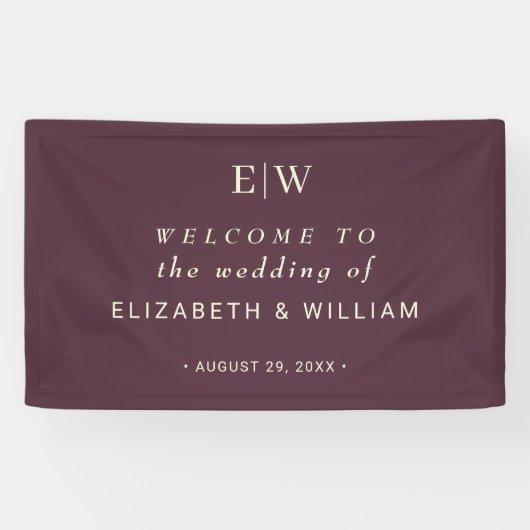 Elegante eenvoudige kersenlak, monogram bruiloft spandoek (Horizontaal)