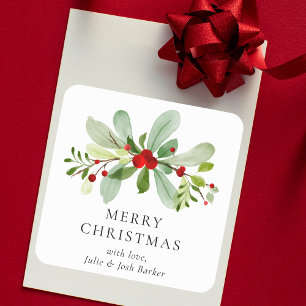 Elegante Eenvoudige Kerst Waterverf Botanisch Vierkante Sticker
